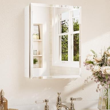 TETOTE 14 x 18 Medicine Cabinet with Tempered Beveled Mirror White Bathroom Mirror with Storage Aluminum Cabinet DTC Hinges, Stepless Adjustable Shelf, Recessed/Surface-Mounted