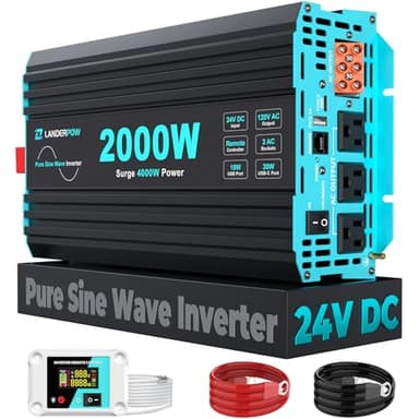 LANDERPOW 2000 Watt Pure Sine Wave Inverter, 24V DC to 120V AC Inverters for RV, Truck, Solar, Home, Power Inverter with 3 AC Outlet, 30W USB-C, 5V 3.1A USB, Hardwire Port, Remote Control, Surge 4000W