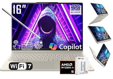 Lenovo Yoga 7 2-in-1 AI PC Copilot Laptop, 16" 2K LCD Touchscreen, AMD Ryzen AI 5 340, AMD Radeon 840M, 16GB LPDDR5X, 512GB SSD, WiFi 7, Backlit KB, Fingerprint, 1080P Webcam, W/128 PSD, Win 11 Home