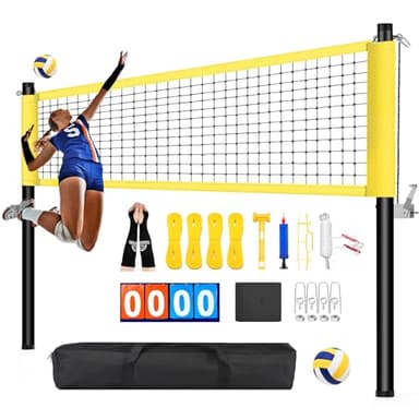 Professional Outdoor Volleyball Net Set with Arm Sleeves & Beach Fixed Plate, Heavy Duty 32-Ply Reinforced Net with Steel Anti-Sag Winch, Height-Adjustable Poles, Carry Bag for Backyard Beach Lawn