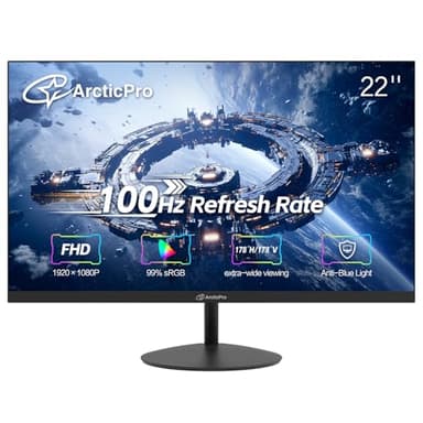 ArcticPro 22 inch 100Hz Monitor, Full HD (1920 x 1080p) Computer Monitor, 105% sRGB, 3000:1 Contrast, 3-Sided Frameless, Ultra Slim, VESA, LowBlue Mode, Tilt Adjust, HDMI *1, VGA*1