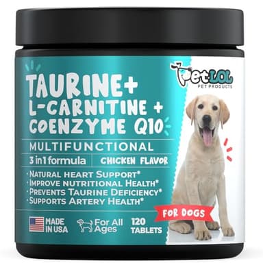 PET LOL Taurine Supplement for Dogs with L-Carnitine and Coenzyme Q10 (CoQ10): Vet Endorsed for Enlarged Heart (DCM), Congestive Heart Failure, Taurine Deficiency: 3-in-1 | Dog Supplements- 120ct