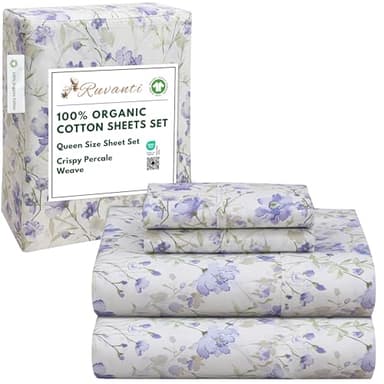 RUVANTI 100% Organic Cotton Sheets Queen Size, Percale Weave, GOTS Certified, 4-Piece Set, Deep Pocket 15", Crisp & Breathable, Soft Durable Bedding, Sábanas Algodón Orgánico – Heather