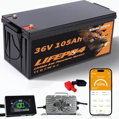 36V Lithium Golf Cart Battery, 36 Volt 105Ah LiFePO4 Battery with a 200A Smart BMS, LCD Display & APP Monitor, 25A Fast Charger, Max 7.68kW Power Output, Perfect for Golf Carts