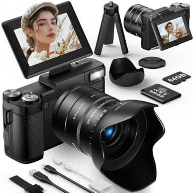 FLATIC 6K Digital Camera, 75MP Cameras for Photography with 8X Optical Zoom & Tripod, Anti-Shake Vlogging Camera with 3" 180° Flip Screen, 64GB Card, Card Reader, Vlog Cameras for Youtubers