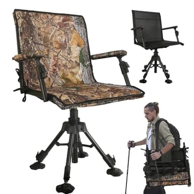 FUNHORUN Hunting Chair with Removable Camouflage Cover, 360 Degree Silent Swivel Hunting Seat with Adjustable 4 Legs Height and Armrests, Tool-Free Foldable Ground Blind Chair, Portable Seat
