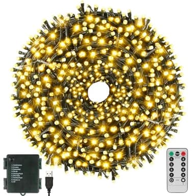 XTF2015 Christmas Lights 66FT 200 LED String Lights Timer Memory Function USB and Batter y Powered Waterproof String Light, Easy to Carry and Install for Indoor and Outdoor Decoration (Warm White)