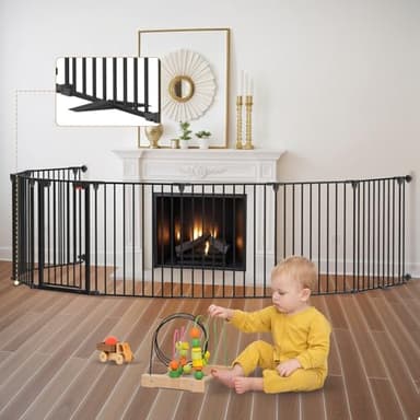 Kfvigoho Baby Gate 27.5"-199" Extra-Wide Playpen with Stands, Play Yard Child Safety Fence, Dog Gate with Auto-Close Door, Double Locking System for Fireplace, Foldable 8 Panels, Black 29" Height