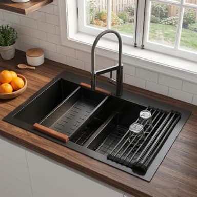 LQS Black Kitchen Sink, Black Double Bowl Kitchen Sink For Lots of Pots and Pans, 33x22 Drop In Stainless Steel Kitchens Sinks with Sink Strainers and Abuntdant Accessories