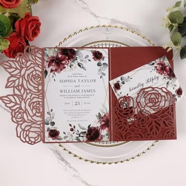 Maffily 50pcs Tri Fold Wedding invitations Rose Hollow Laser Cut 5x7 '' Wedding Invitation Cards with Envelopes and RSVP Cards for Anniversary Engagement Bridal Shower Quinceanera Party Invite Burgundy