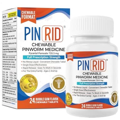 PIN RID - Pinworm Medicine for Family 2+, Bubble Gum Chewable Tablets (24 Doses) - 250mg Pyrantel Pamoate - Single-Dose Parasite Cleanse for Humans - Allergen Free