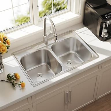 Blenzia 33x22 Drop In Double Bowl Kitchen Sink 33 Inch 50/50 Topmount 18 Gauge Stainless Steel Commercial Grade Satin Finish Sinks with Basket Strainer 33" x 22" x 9"