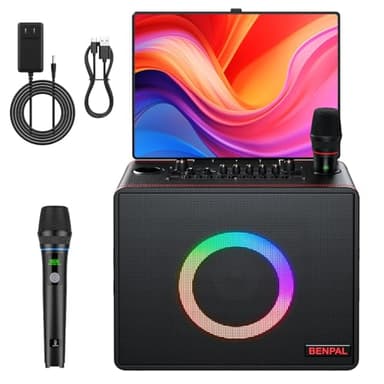 Smart Karaoke Machine with Lyrics Display, Built-in 14.0" Touch Screen, with Bluetooth Party Speaker and Two Wireless Mics, Portable PA System for Home Outdoor Party (Large)