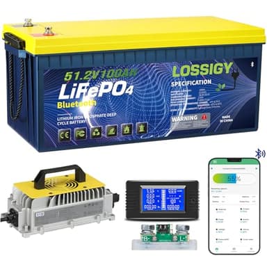 LOSSIGY 48V Lithium Golf Cart Battery with 18A Lithium Charger and Monitor, 48 Volt Battery Conversion Kit, Built in 200A Bluetooth, Peak Current 1000A(3-5s), Prefect for RV, Solar System