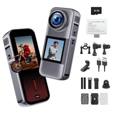 fceoul Action Camera with Dual Color Screen,Body Camera Suitable for Travel Motorcycle Helmet Cameras, Equipped with 32GB Card, 2 Batteries, and Various Installation Kits