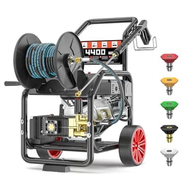 KARHDIR 4400PSI Gas Pressure Washer with Hose Reel, 4.5 GPM, One-Button Electric Start 420CC 15HP Commercial Pressure Washer with 50FT 3/8" Hose, Spray Gun & Wand, 5 Quick Connect Nozzles