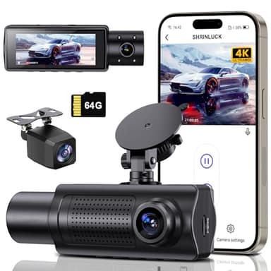 SHRINLUCK 4K+1080P+1080P 5.8GHz WiFi Dash Cam Front and Rear Inside, Free 64G SD Card, 4K UHD 3 Channel Dash Camera for Cars, 360° All Sides Dashcam, G-Sensor, Night Vision, WDR, 24H Parking Monitor