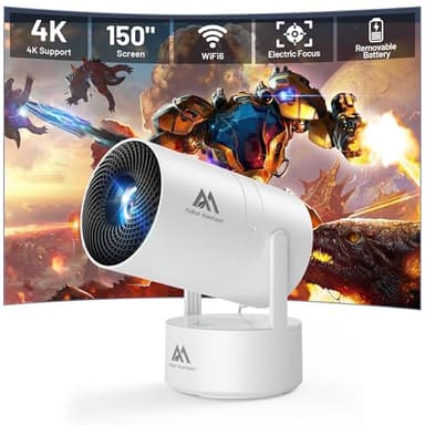 [Built-in Battery] Mini Projector with Wifi and Bluetooth, Rechargeable Portable Outdoor Smart Projector with Support 4K Decoding, Electric Focus Home Theater for Phone, White