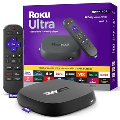 Roku Ultra - Ultimate Streaming Player - 4K Streaming Device for TV with HDR10+, Dolby Vision & Atmos - Bluetooth & Wi-Fi 6- Rechargeable Voice Remote Pro with Backlit Buttons - Free & Live TV