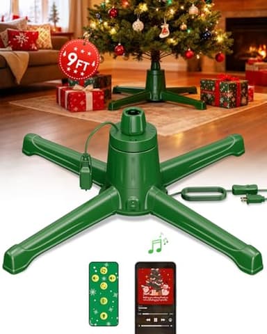 HOPOCO Musical Rotating Christmas Tree Stand with Memory Function, Built-in 6 Outlets 800W, Anti-tilt Noiseless 360 Degree Spinning Stand with Remote and Speaker, Up to 9ft 120 lb Artificial Trees