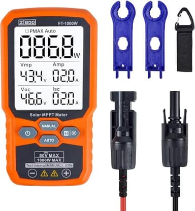 ZIBOO FT-1000W Solar Panel Tester MPPT Meter - 1000W Max Power, 80V/35A PV Module Tester for Voc/Isc, Open Circuit Voltage & Short Circuit Current, with Backlight & Data Hold