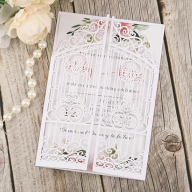 AdasBridal 50Pcs White Laser Cut Wedding Invitations with Envelopes and RSVP Cards Fence Pocket for Quinceañera Engagement House Warming Invites, Blank Wedding Invitation Cards