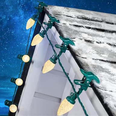 Moonflor C9 LED Christmas Lights Outdoor with 50 Spring Clips, 50ft 50 LED Waterproof Strawberry String Lights, Commercial Grade Extendable Perfect for Roofline Patio House Xmas Decor, Warm White