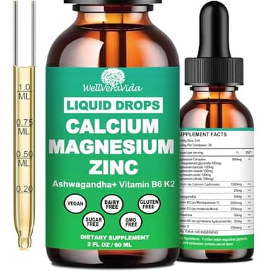 Calcium Magnesium Zinc Liquid Drops with Vitamin D3 K2, High Potency Calcium Magnesium Supplement w/Magnesium Complex, Zinc, Theanine丨Gluten Free丨 for Immune, Bone,Muscle, Mood & Sleep Support