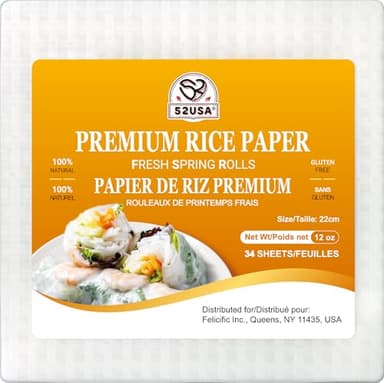 52USA Square Rice Paper, 1 Pack, White Rice Paper Wrappers, Fresh Spring Roll Wrappers & Dumplings-34 Sheets, Gluten-Free Wonton Wrappers, Vegan, Low Carb, Vietnamese Rice Wraps (22cm, 12 oz)