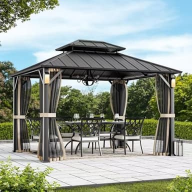 Modern Shade The Horizon Hardtop Gazebo 10' x 12' with 4 LED Lights, Permanent Outdoor Gazebo with Galvanized Steel Double Roof, Grill Pavilion with Decor Hooks, Mosquito Nettings, Black