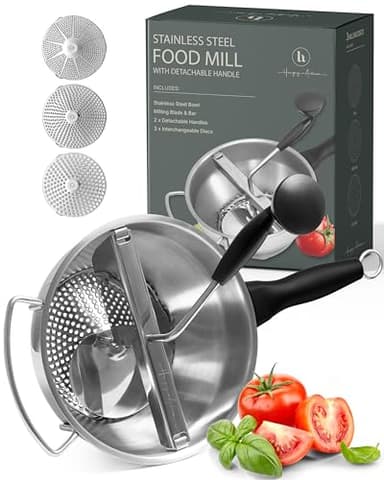 Compact Stainless Steel Food Mill with 3 Discs – Ergonomic Rotary Hand Crank with Removable Handles for Tomato Sauce, Applesauce, Baby Food, Mashed Potatoes & Puree