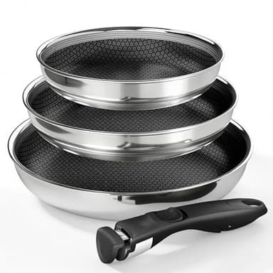 Kitchen Academy Tri-Ply Stainless Steel Frying Pans Set, 8/9.5/11 Inch Nonstick Skillet with Removable Handle for Small Spaces, Dishwasher & Oven Safe Induction RV Cooking Pans