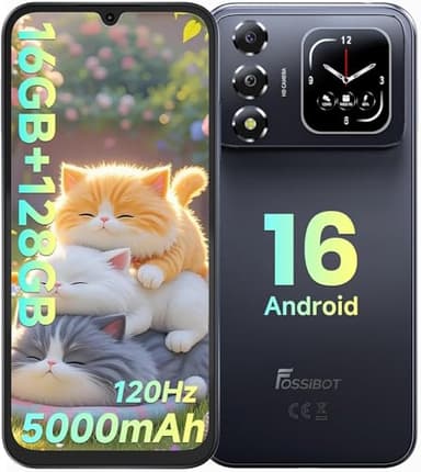 FOSSIBOT S7 Android 16 Cell Phone(2026), 16GB+128GB/2TB Unlocked Phone, 6.9" Display 120Hz Dual-Screen Smartphones, 5000mAh Battery 4G Dual Sim Mobile Phones, Gemini Al/GPS/Face ID (Black)
