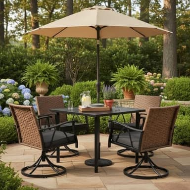 Andehomy 5-Piece Patio Dining Set for 4，Outdoor Dining Set with Wicker Swivel Patio Dining Chairs with Cushions & 1 Black Square Woodgrain Dining Table with 1.75”Market Umbrella Hole, Black & Brown