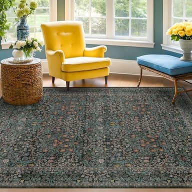 Dark Green 4x6 Washable Area Rug for Living Room Bedroom Large Entryway Kitchen, Ultra Soft Non Slip Stain Resistance, Floral Distressed Aethestic Design