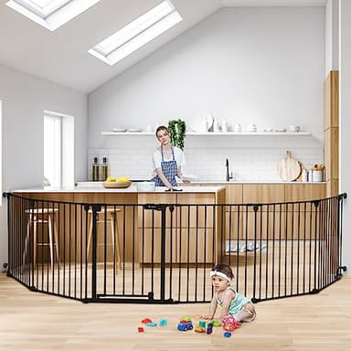 COMOMY 150" Extra Wide Baby Gate with Door, Dog Gates for The House Doorways Fireplace, Auto Close Baby Fence Play Area, Walk Through Pet Gate, Hardware Mounted, 6-Panels (30" Tall, Black)