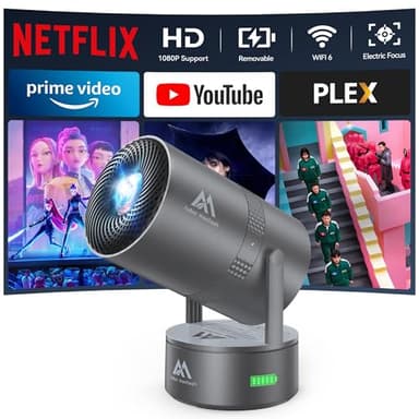 [Built-in Battery] Mini Projector with Wifi and Bluetooth, 4K 1080P Supported 270° Rotatable 150'' Screen Auto Keystone Home Outdoor Portable Smart Projector for Phone/TV/Laptop/HDMI, Iron Grey