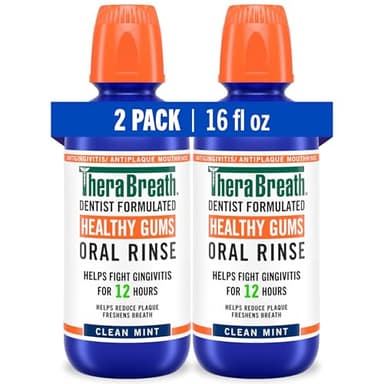 TheraBreath Healthy Gums Oral Rinse, Antigingivitis, Clean Mint Flavor, Dentist Formulated to Help Prevent Gingivitis and Support Gum Health, Alcohol Free, 16 Fl Oz (Pack of 2)