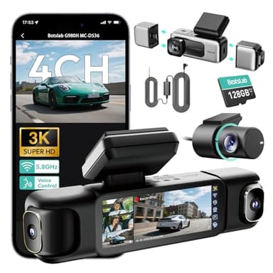 BOTSLAB 3K 4 Channel Dash Cam, 24/7 Parking Mode with Hardwire Kit, 560° View, Front and Rear Inside Car Camera with 3.18”Touch Screen, Night Vision Voice Control, Free 128GB Card 5.8GHz WiFi & GPS