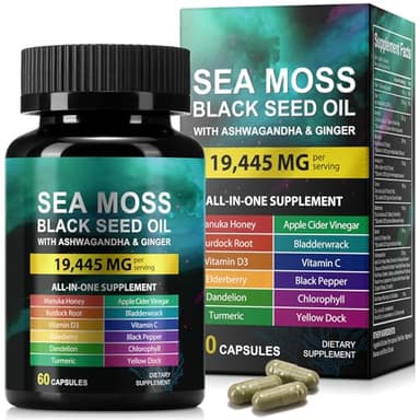Sea Moss Black Seed Oil Ashwagandha Ginger, Sea Moss Capsule Supplement with Turmeric Burdock Root Bladderwrack Vitamin C Vitamin D3 Enhanced Immunity & Energy Black Seed Oil Capsule 60 Count