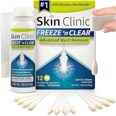 Skin Clinic Freeze 'n Clear Advanced Wart Remover - USA Made Cryo-Freeze Kit with 12 Precision-Tip Applicators - FDA-Cleared Freezing Wart Treatment Solution for Adults & Kids 4+