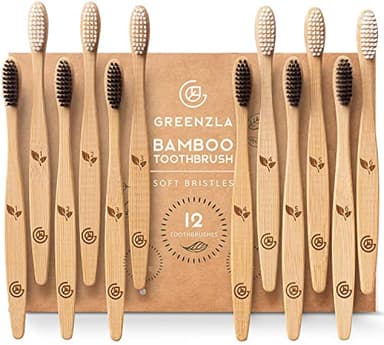 Greenzla Bamboo Toothbrushes for Adults – 12 Pack Wooden Toothbrush Set with Charcoal-Infused Soft Bristles, Natural Oral Care for Daily Use