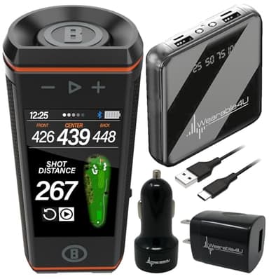 Bushnell Wingman HD View Golf Speaker, 3.5" Touchscreen, GPS Distances, Premium 360° Audio, Waterproof Design, Magnetic Cart Mount with Wearable4U PowerBank & Car/Wall Chargers Bundle