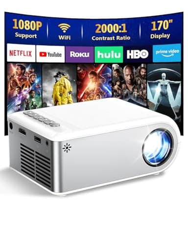 Mini Projector with WiFi and Bluetooth, Outdoor Portable Mini Projector for iPhone Supports 1080P with Built-in Speaker, Movie Projector for Home Theater Compatible with iOS/Android/PC/TV Stick/HDMI