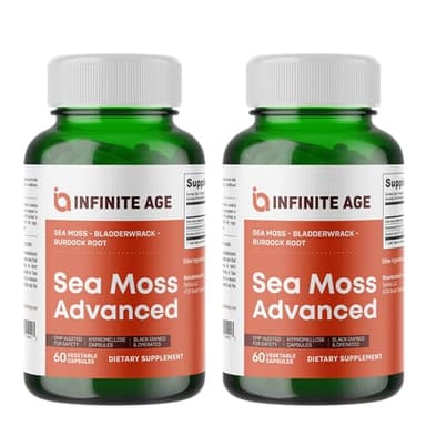 INFINITE AGE 2 Pack of 1250mg Sea Moss Advanced Superfood Capsules, 120 Count - High-Potency, Vegan, Made in The USA - Irish Seamoss, Bladderwrack, Burdock Root - Overall Health, Immunity Support