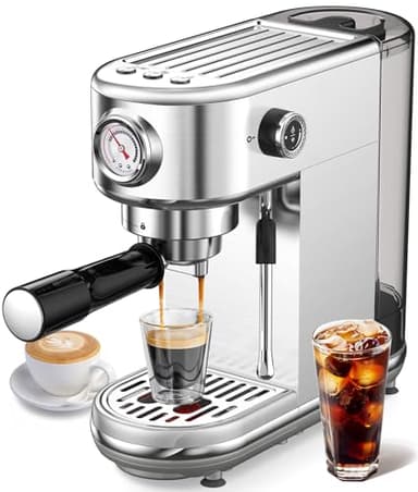 atatix Espresso Machine with Milk Frother, 20 Bar Pressure Espresso Maker, with 44OZ Removable Tank, Compact Stainless Steel Coffee Machine for Home, Office, Latte, Cappuccino, Macchiato, Silver