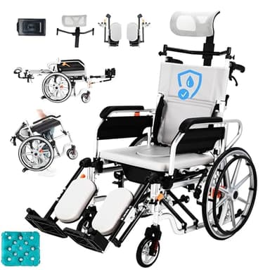 5-in-1 Reclining Wheelchairs, Waterproof Shower Bathroom Wheelchair, Elevating Leg Rests and Potty, 18.5" Wide Seat Heavy Duty Transport Wheelchairs for Adults, with Backpack& Removable Headrest