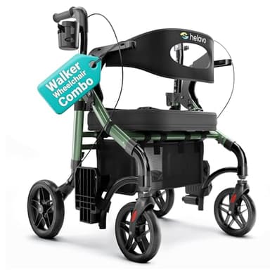 Helavo 2 in 1 Walker Wheelchair Combo with 10" All Terrain Wheels, Lightweight Rollator Transport Chair Combo, 300 lbs Load Capacity with Adjustable Height