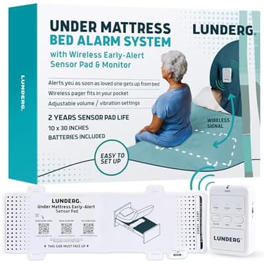 Lunderg Under Mattress Bed Alarm for Elderly Adults - Wireless Sensor Pad with Early Alert & Pager - Bed Alarms and Fall Prevention for Elderly and Dementia Patients - Reduces False Alarms