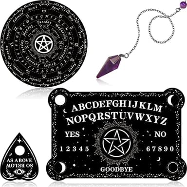 Threan Pendulum Dowsing Divination Board with Amethyst Set Wooden Spirit Talking Board Metaphysical Message Crystal Pendulum Necklace with Planchette for Wiccan Supply(Star Style)